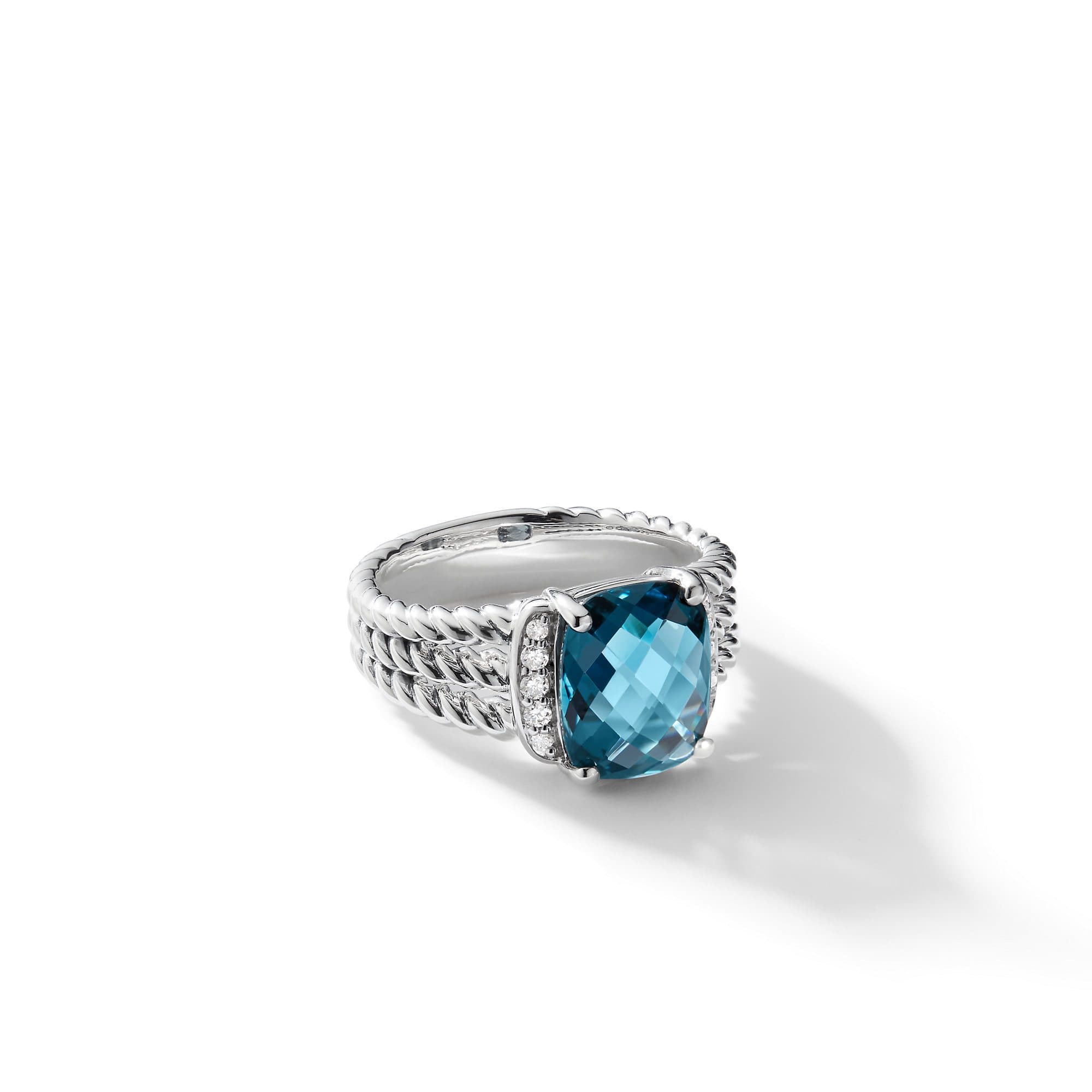 David Yurman Petite Wheaton Ring with Hampton Blue Topaz and Diamonds, Size 7