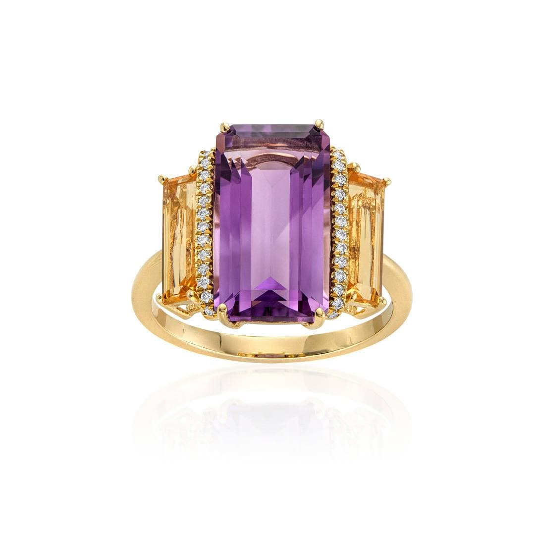 Three-Stone Amethyst Citrine and Diamond Yellow Gold Ring 1