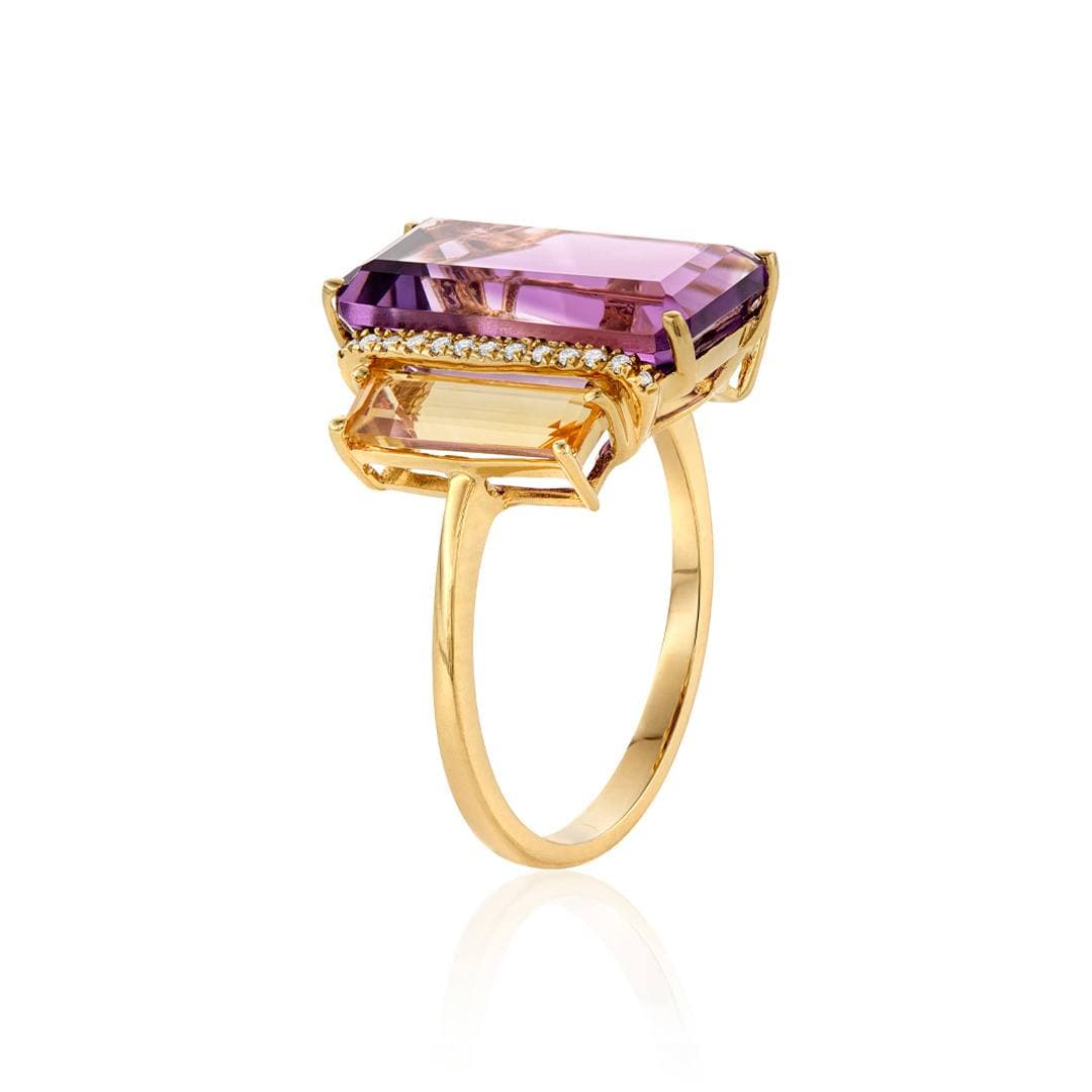 Three-Stone Amethyst Citrine and Diamond Yellow Gold Ring 2