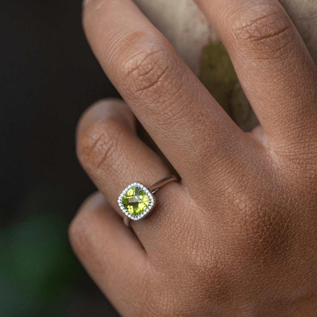 Cushion Cut Peridot & Diamond Halo Ring in White Gold 2