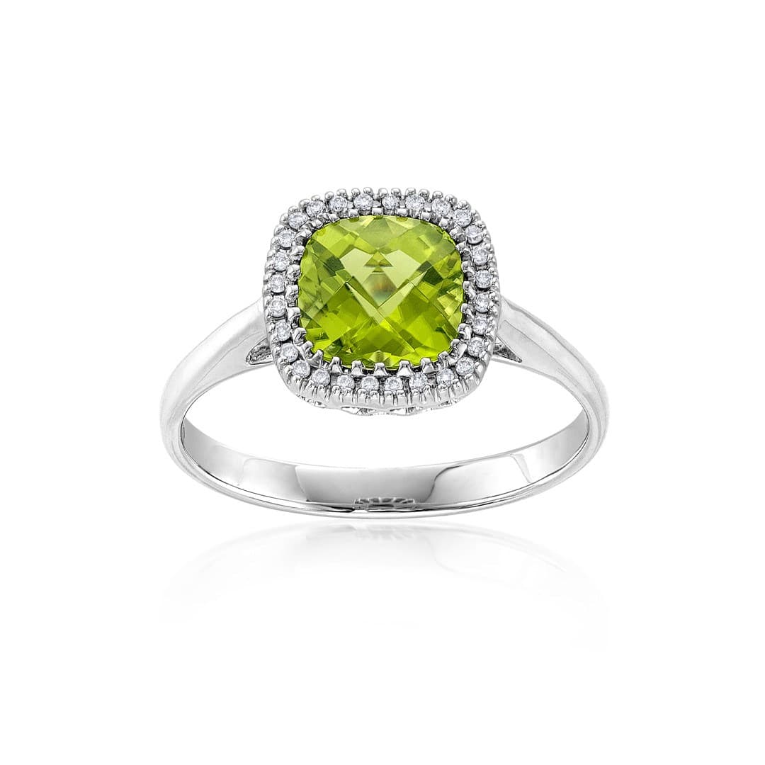 Cushion Cut Peridot & Diamond Halo Ring in White Gold 0