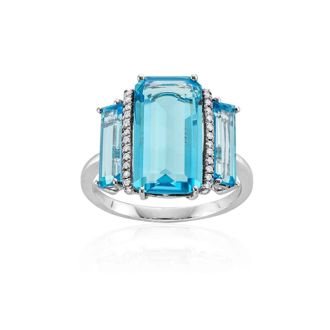 Three-Stone Blue Topaz and Diamond White Gold Ring 1