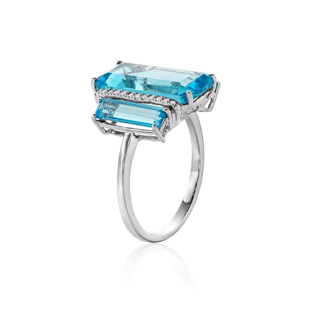 Three-Stone Blue Topaz and Diamond White Gold Ring 2