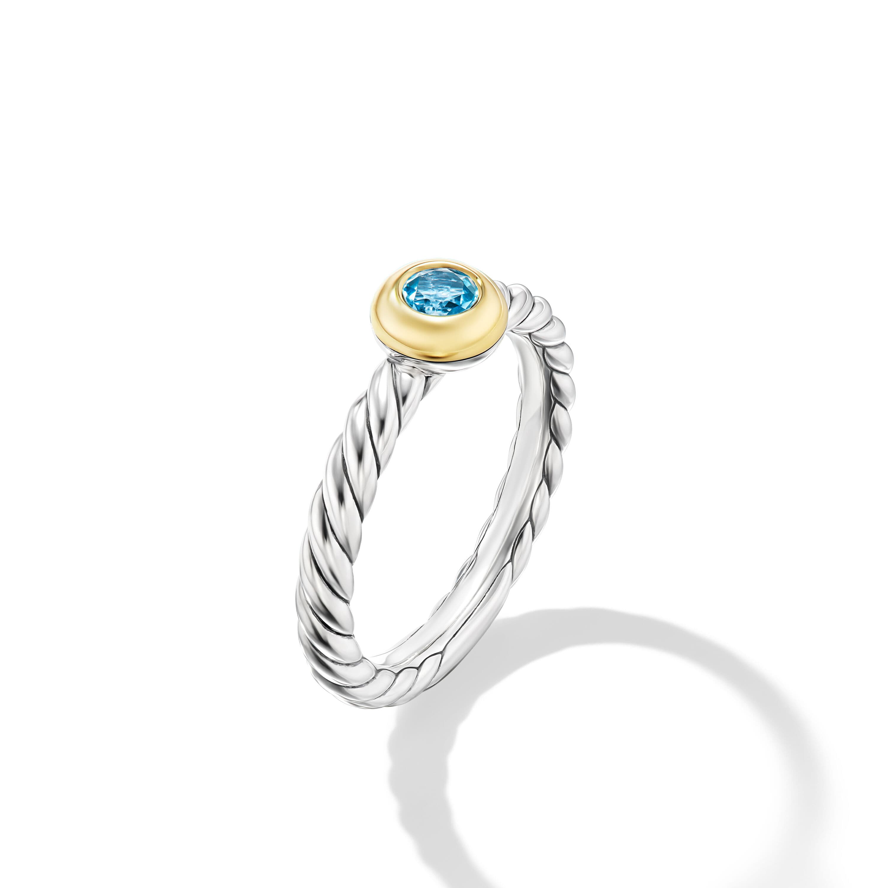 David Yurman Petite Cable Ring in Sterling Silver with 14K Yellow Gold and Blue Topaz, Size 7 1